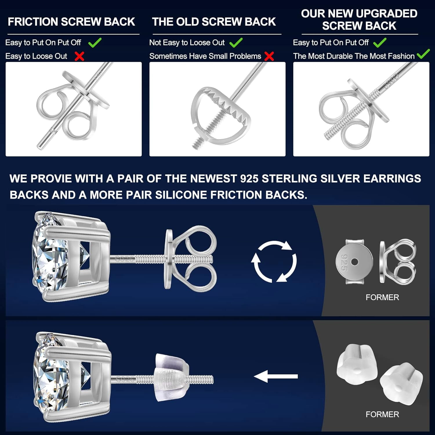 Moissanite Stud Earrings Screw Back 3-10mm 0.2ct-8.0ct 18K White Yellow Rose Gold Plated S925 Sterling Silver Round Cut D Color VVS1 Lab Created Moissanite Earrings for Women Men