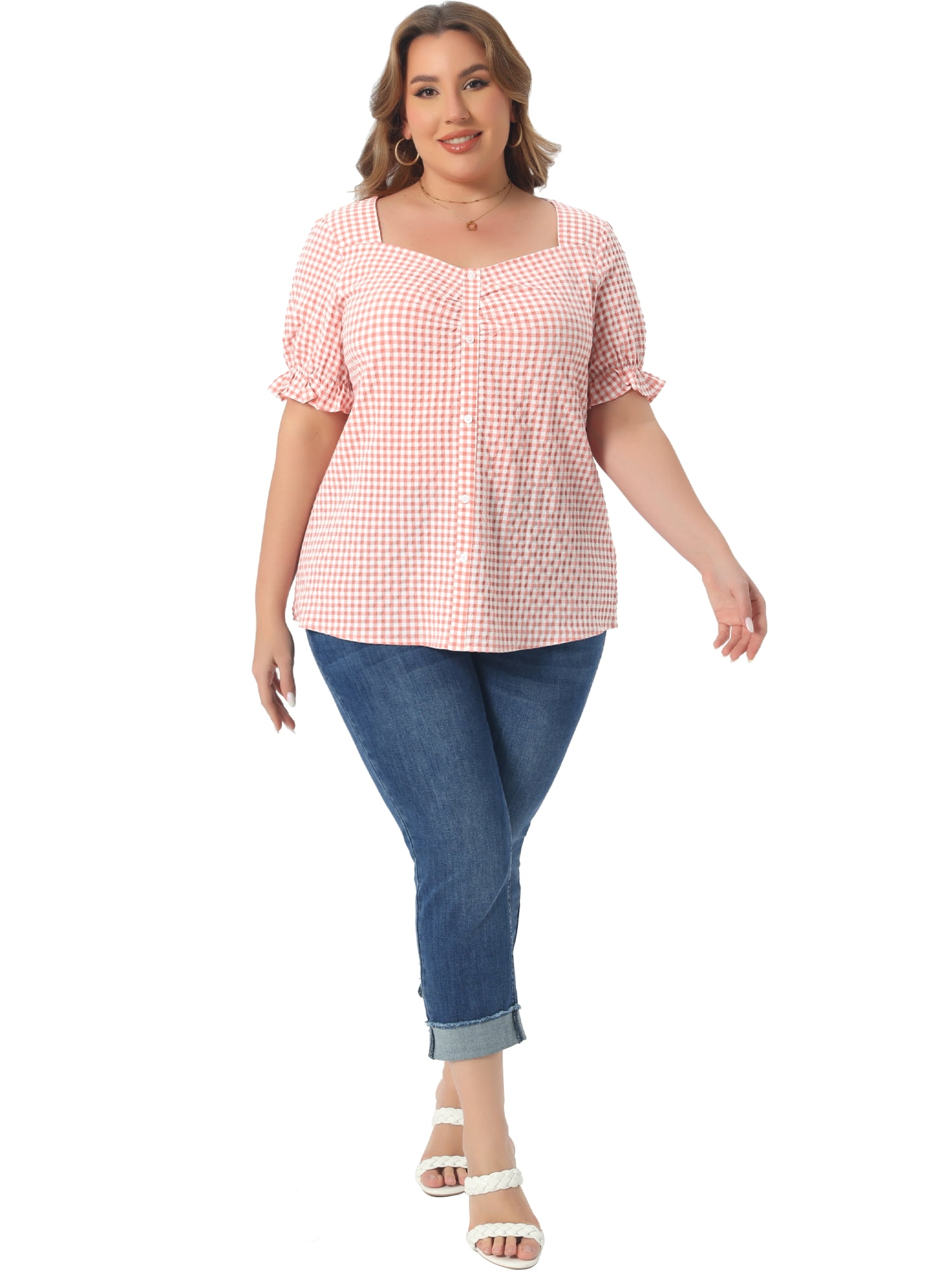 DARING DIVA Women's Plus Size Sweetheart V Neck Puff Short Sleeve Blouse 3X Pink
