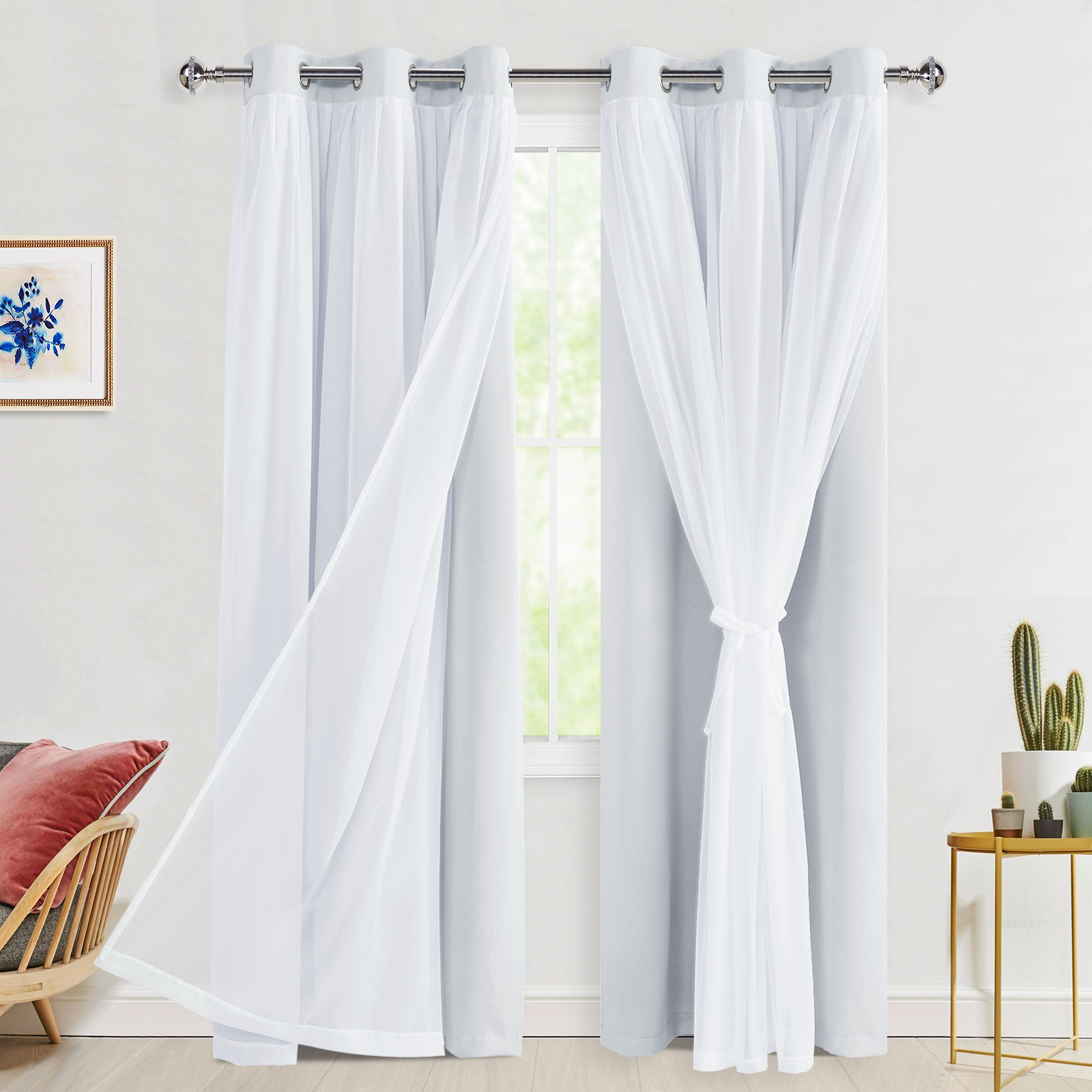 Hiasan Blackout Curtains with Sheer Overlay, Thermal Insulated Privacy Mix & Match Double Layer Window Curtains for Girls Bedroom, Living Room, 2 Drape Panels with Tiebacks, Greyish White, 42W X 84L