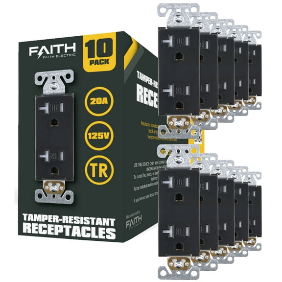 Faith [10-Pack] 20 Amp Tamper-Resistant Outlet , 20A 125V Decorator Receptacle , Commercial Grade Duplex Outlets , UL-Listed, 10-Pack, Black