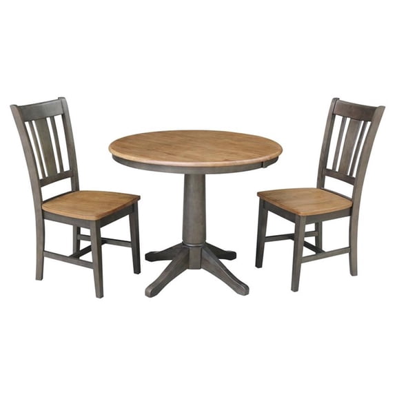 36" Round Wood Extension Dining Table with 2 Chairs in Hickory/Washed Coal