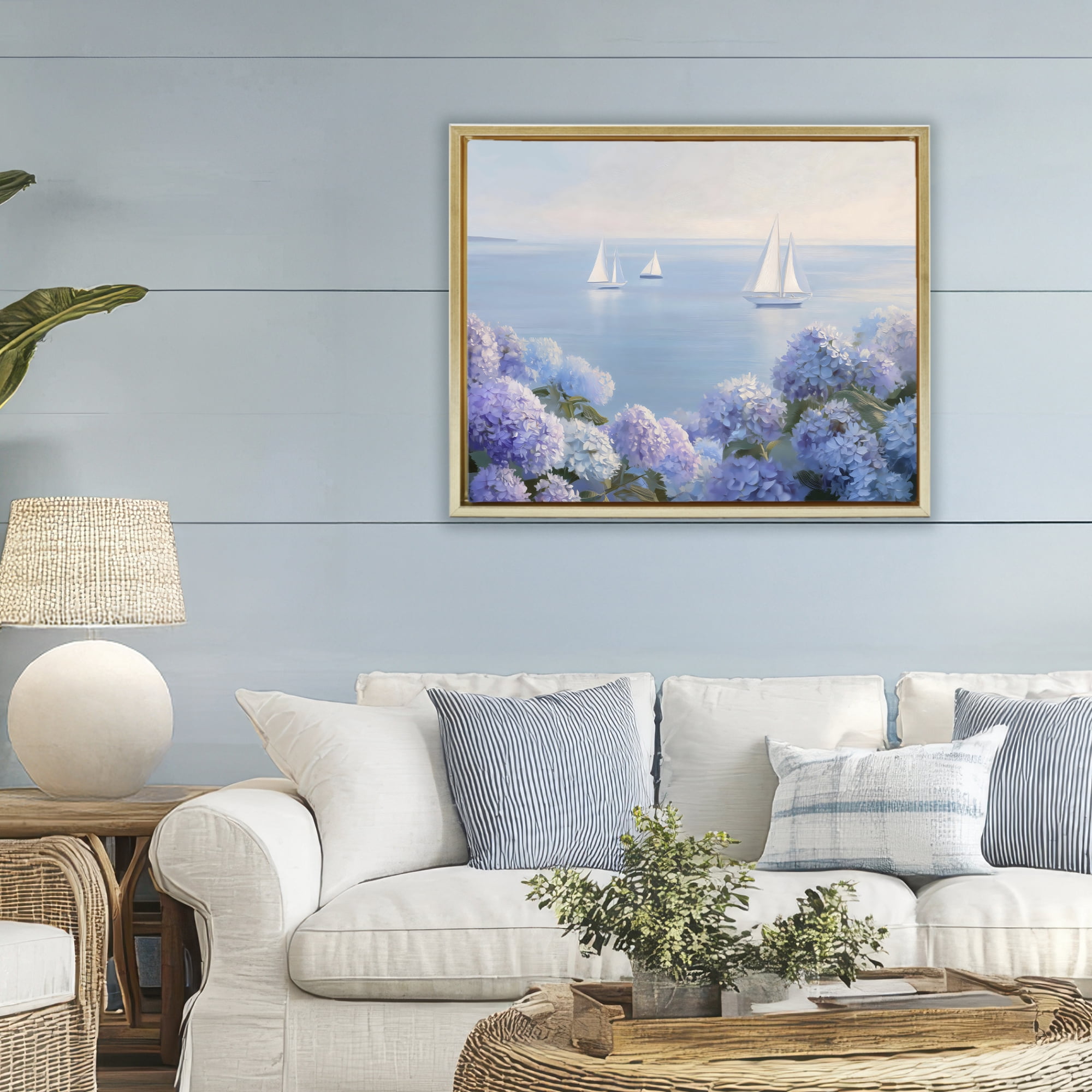 Stupell Industries Sailboats & Hydrangeas at Sea Gold Framed Floater Canvas Wall Art, design by LSR Design Studio