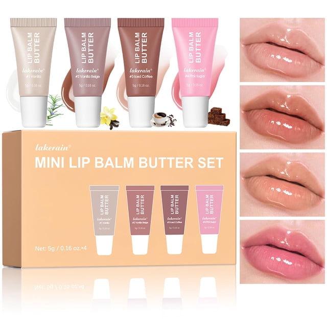 Juego de 4 brillos de labios hidratantes, mini paquete de bálsamo de mantequilla de labios, acabado de vidrio de alto brillo, brillo de labios hidratante, brillo de labios, lápiz labial líquido de gel