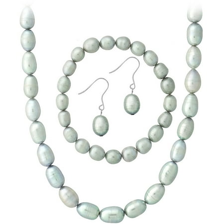 9.5-10.0mm Freshwater Cultured Grey Pearl Sterling Silver Necklace, Bracelet and Earring Jewelry Set
