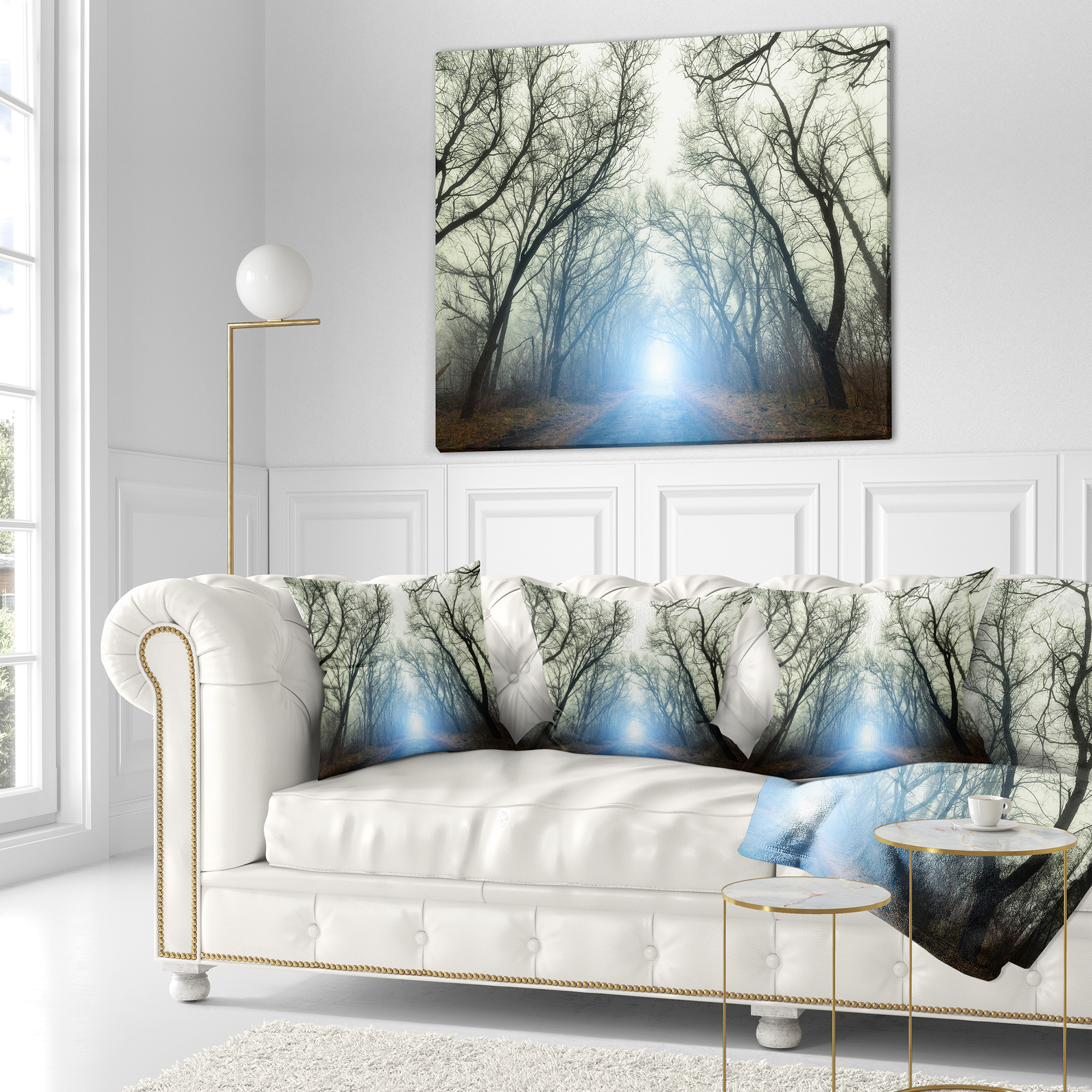 Designart Blue Light in Foggy Autumn - Landscape Photo Throw Pillow - 18x18