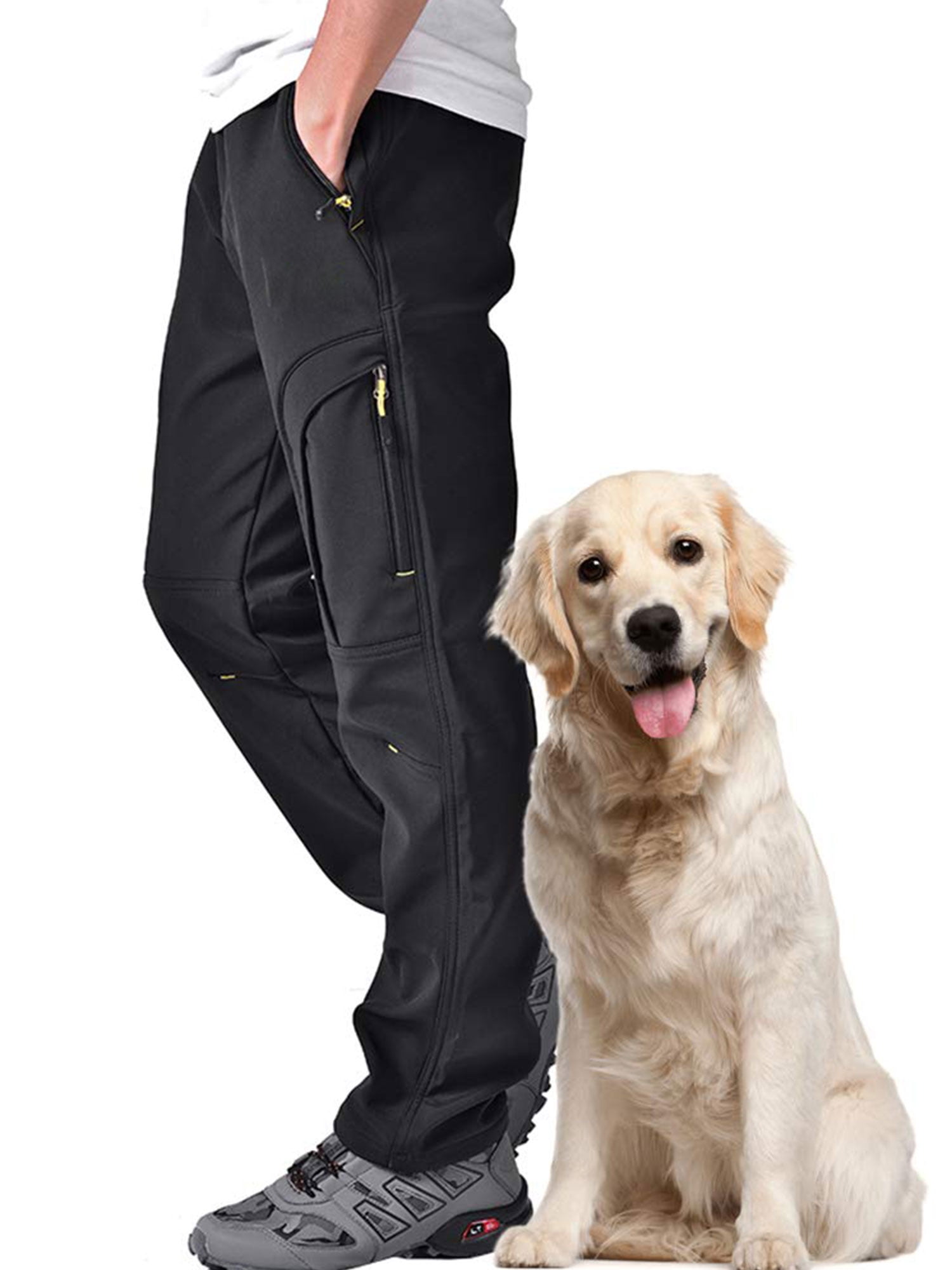 POENTAB Men's Hiking Snow Pants Winter Fleece Lined Insulated Softshell Waterproof Ski Hunting Pant Black 36