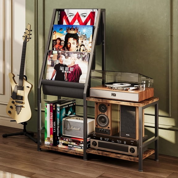 Record Player Stand with Vinyl Record Storage, 3-in-1 Record Cabinet & Turntable Stand, Fits 200 Albums, Vintage Media Storage Organizer, Rustic Brown