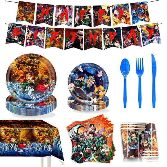 Demon Slayer Birthday Decorations | Tanjirou Party Decorations | Serves 10 | Banner, Tablecover, Plates, Napkins