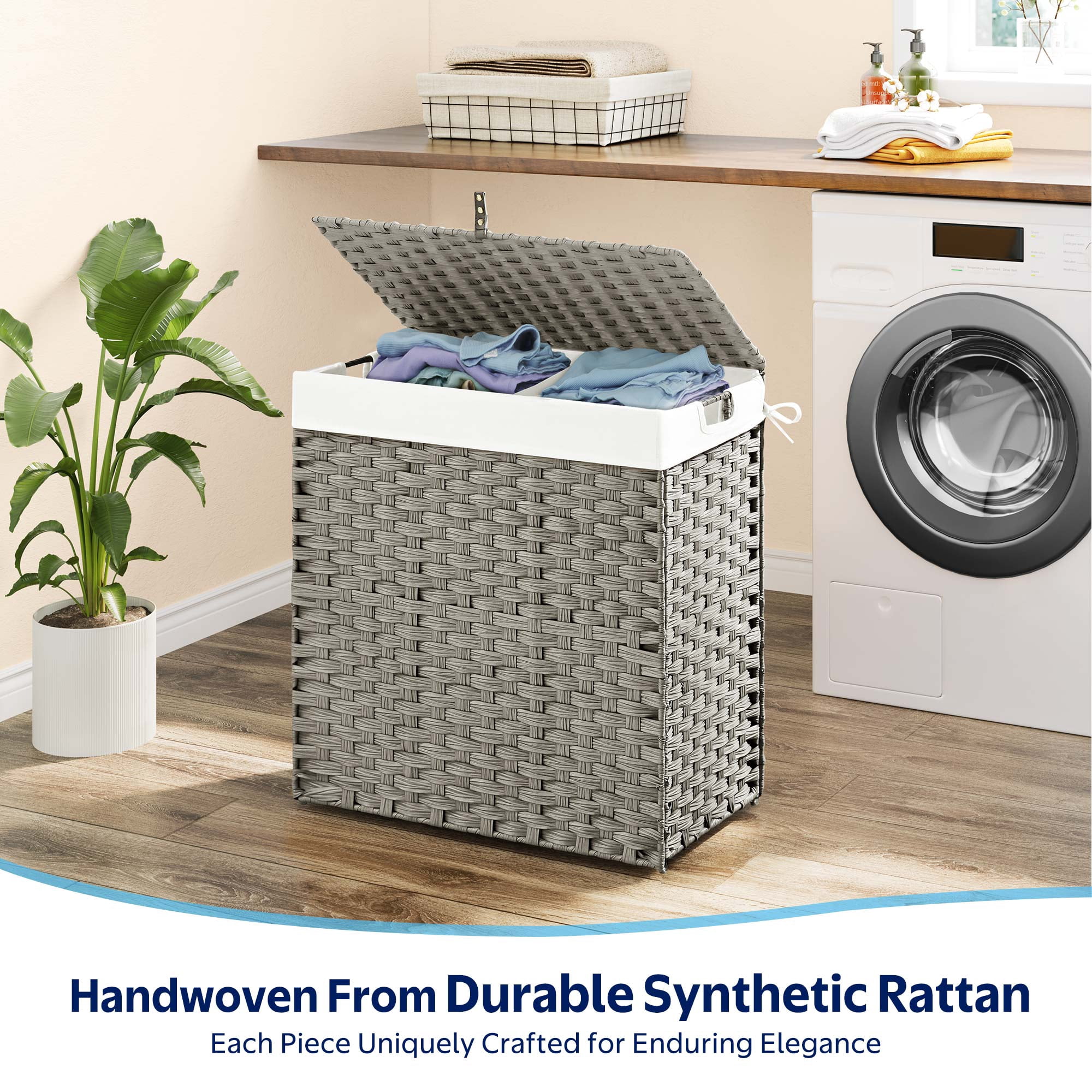 Rolanstar 90L Laundry Hamper Wicker Laundry Basket with Lid, Handles Clothes Hamper Foldable with 2 Removable Liner Bags, Gray