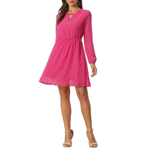 Vestido de fiesta de mujer Inspire Chic con escote en V, mangas largas, falda acampanada, talla XS, color rosa intenso
