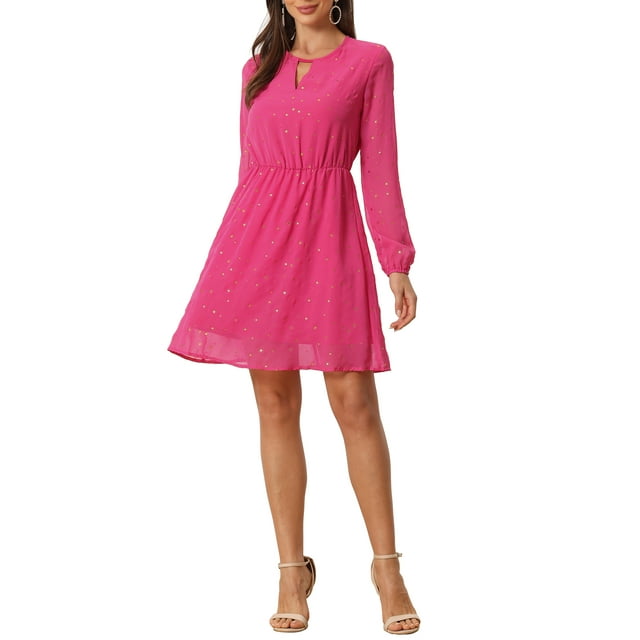 INSPIRE CHIC Robe pour Femme Dorure Étoile Col en V Manches Longues Robe de Soirée Évasée Ligne A m Rose Vif