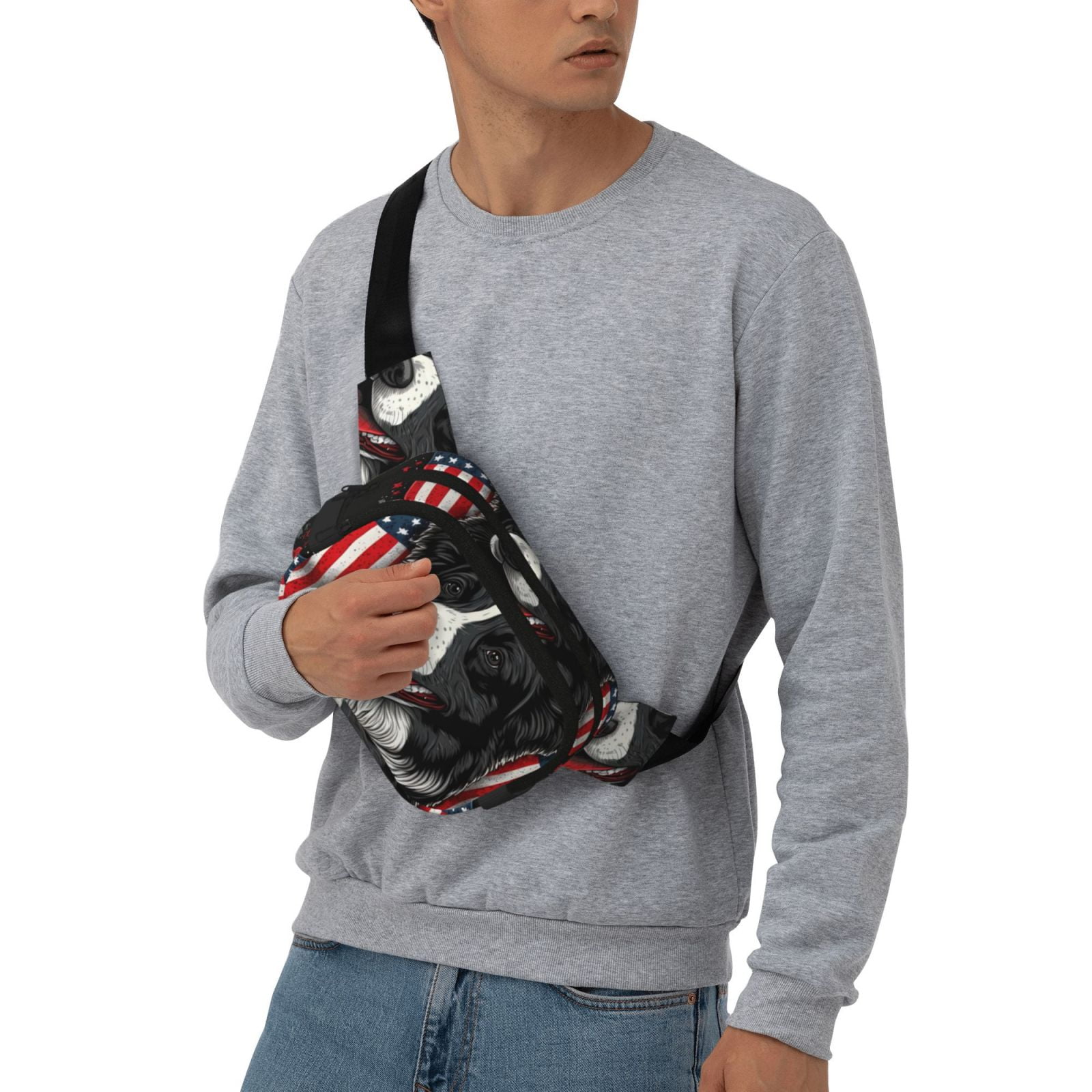 Rateoe Independence Day Collie Print Fanny Pack Belt Bag for Women and Men, Square Double-Layer Waterproof Waist Pack with Adjustable Strap for Hiking, Jogging, Cycling