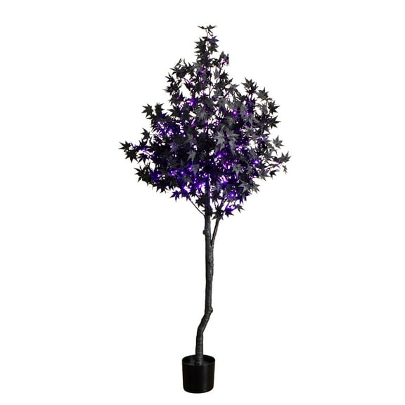 Nearly Natural 6ft. Pre-Lit Artificial Halloween Black Maple Tree with 300 Orange & Purple LED Lights