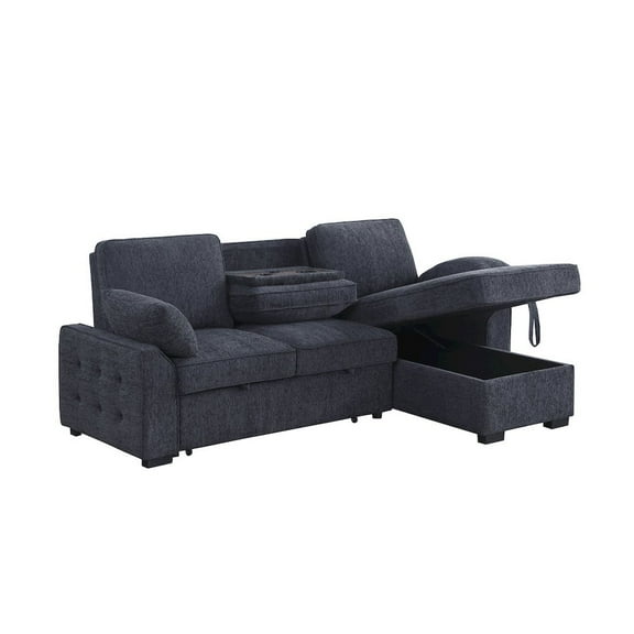 Lilola Home 91"W Charcoal Chenille Fabric Reversible Sleeper Sectional with Storage Chaise
