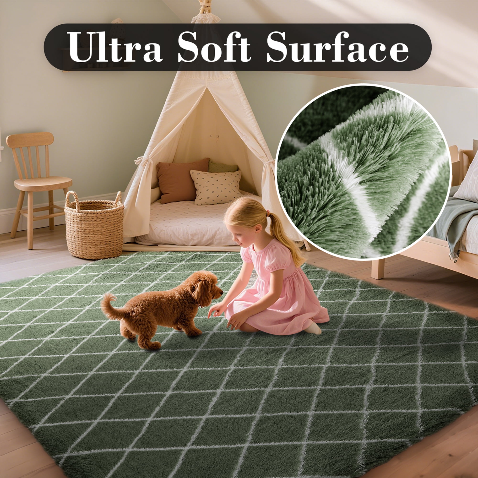 CozyDesg Shag Area Rugs,4'x6' Soft Fluffy Shaggy Carpet for Living Room,Large Rug for Bedroom Dining Room Home Decor Room Decor,Green & White