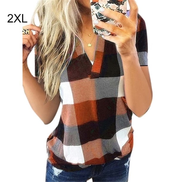 Camiseta de manga corta de verano Qarigey para mujer blusa campesina talla grande cuello en V cuadros amarillo XXL