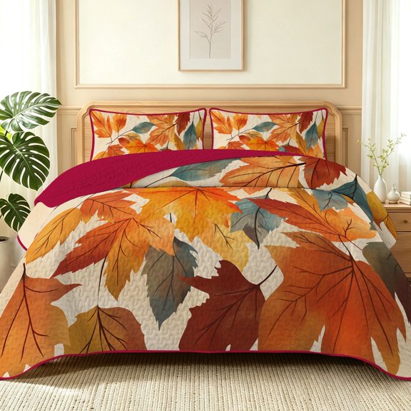 Davulos Fall Quilt Set King Size,3‑Piece Maple Leaves Print Bedspreads Lightweight,Reversible Orange Farmhouse Coverlet Soft Bed Cover with Pillow Shams for All Season