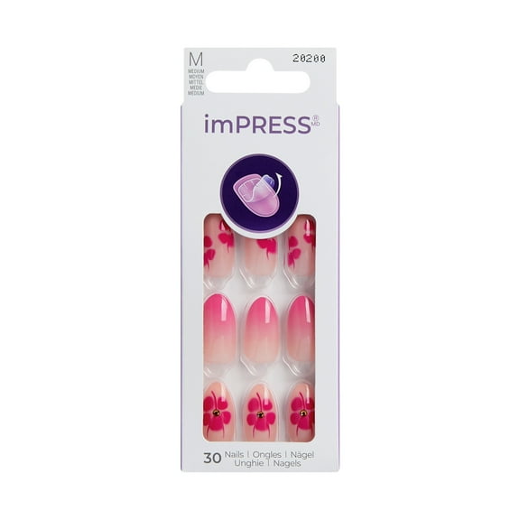 KISS imPRESS Design  Press on Nails, Time to Unwind, Pink, Medium Almond, 30 Count