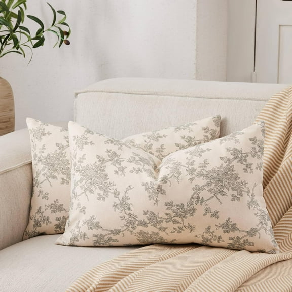 100% Cotton French Pastoral Lumbar Throw Pillow Covers Set of 2, 12x20 Inch Green Farmhouse Decorative Cushion Covers for Sofa Bed Living Room Home Decor