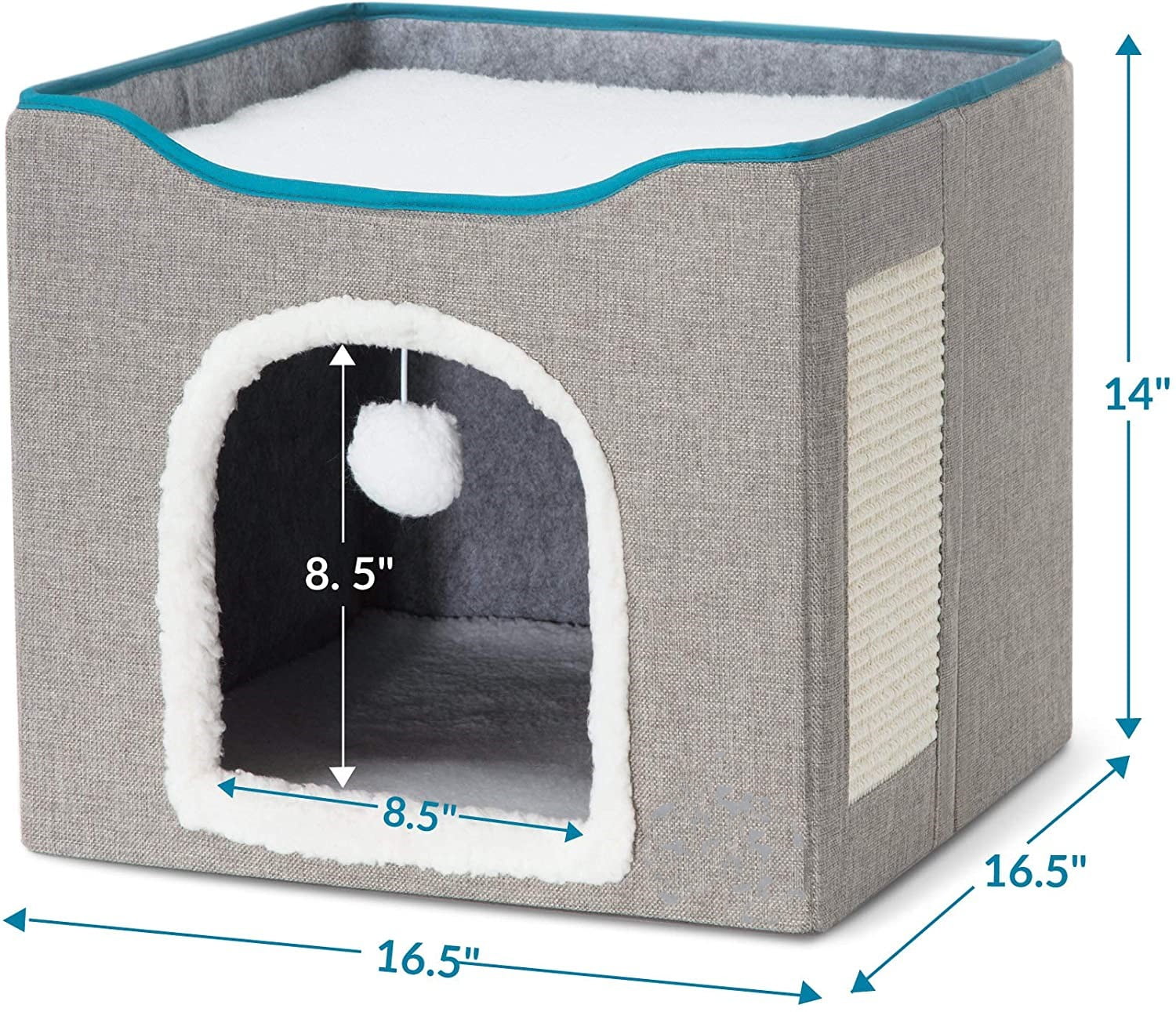 Cat Bed, HDJ Cat House with Scratch Pad and Fluffy Ball Hanging for Cat, Dog,Pets ,16.5x16.5x14 inches, Grey