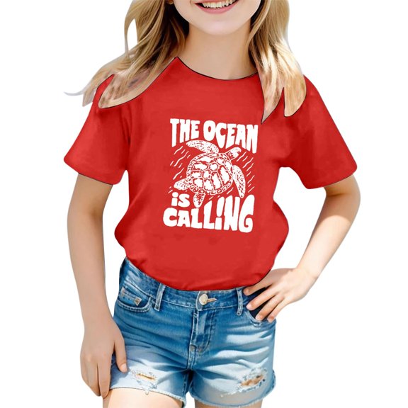 XEGLSBU T Shirts for Girls 10-12 Cropped Children's Casual Letter Pattern Print Multicolor Round Neck Short Sleeves Red Size 12-13 Years