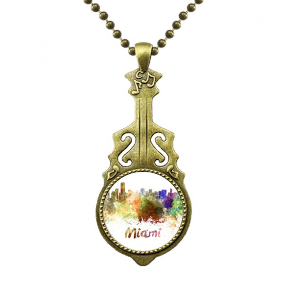 Mia America City Watercolor Necklace Antique Guitar Jewelry Music Pendant