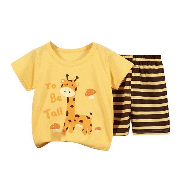 Honeeladyy - Liquidación de ahorros de verano, moda para niñas, camisetas casuales de manga corta, cuello redondo, pantalones cortos estampados, conjuntos de ropa de calle (amarillo, 1-2 años)