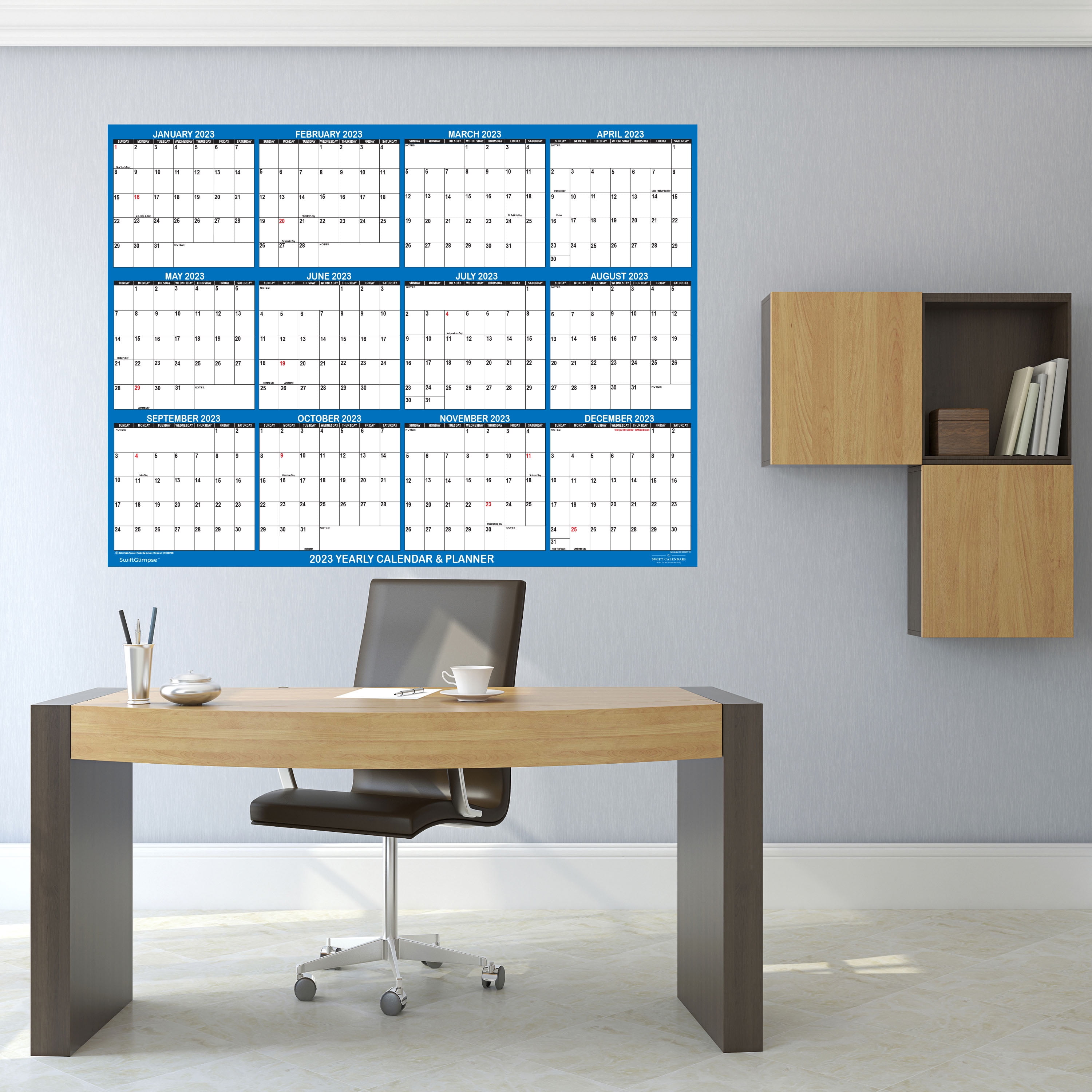 SwiftGlimpse 32" x 48" Yearly 2023 Wall Calendar, Erasable, Reversible, Horizontal-Vertical, Navy