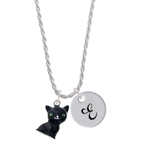 Delight Jewelry Resin Black Cat Silvertone Script Initial Disc - E - Charm Necklace, 20"+3"