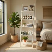 Resenkos Bookshelf,Shelf, Open Bookcase Book Shelf,Storage Shelf Unit Plant Stand, 5-Tier Wall-leaning Ladder Shelf Display Rack for Plants and Books-White