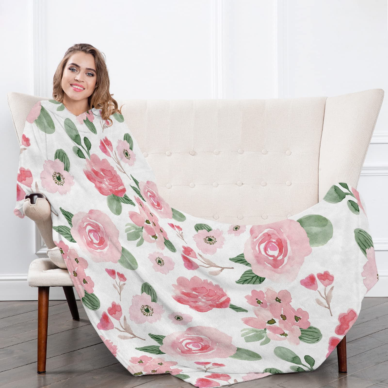 Floral Throw Blanket, Pink Rose Floral Throw Blanket, Soft Cozy Flannel Flower Blankets, Fluffy Fuzzy Rosebuds Wildflowers Print Blankets for Girls Women Gifts Home Sofa Couch Bed Decor,(40"x50")