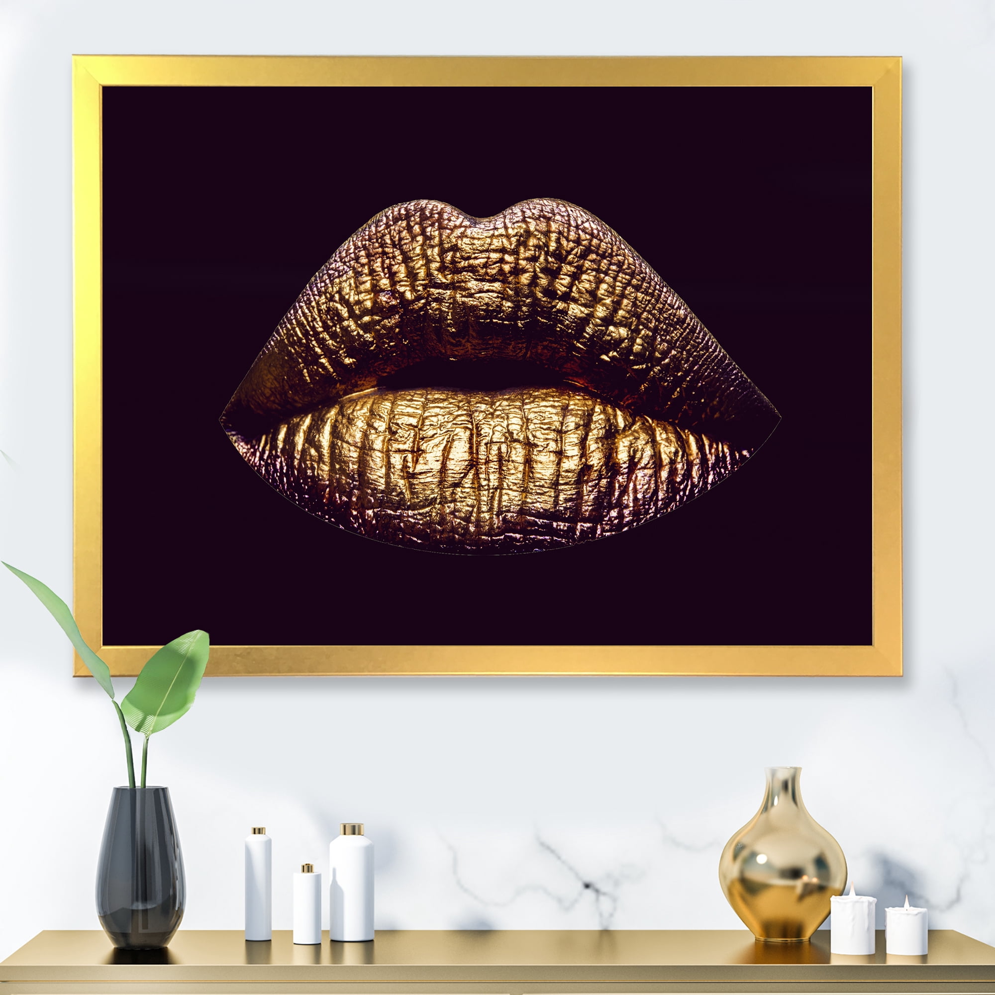 Designart 'Sexy Golden Metallized Woman Lips II' Modern Framed Art Print