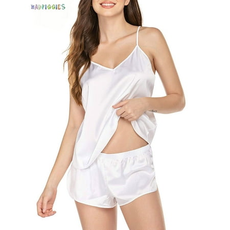 BadPiggies Women s Sexy Lingerie Satin Pajamas Cami Shorts Set Nightwear Babydoll Sleepwear Adjustable Straps (S  White)