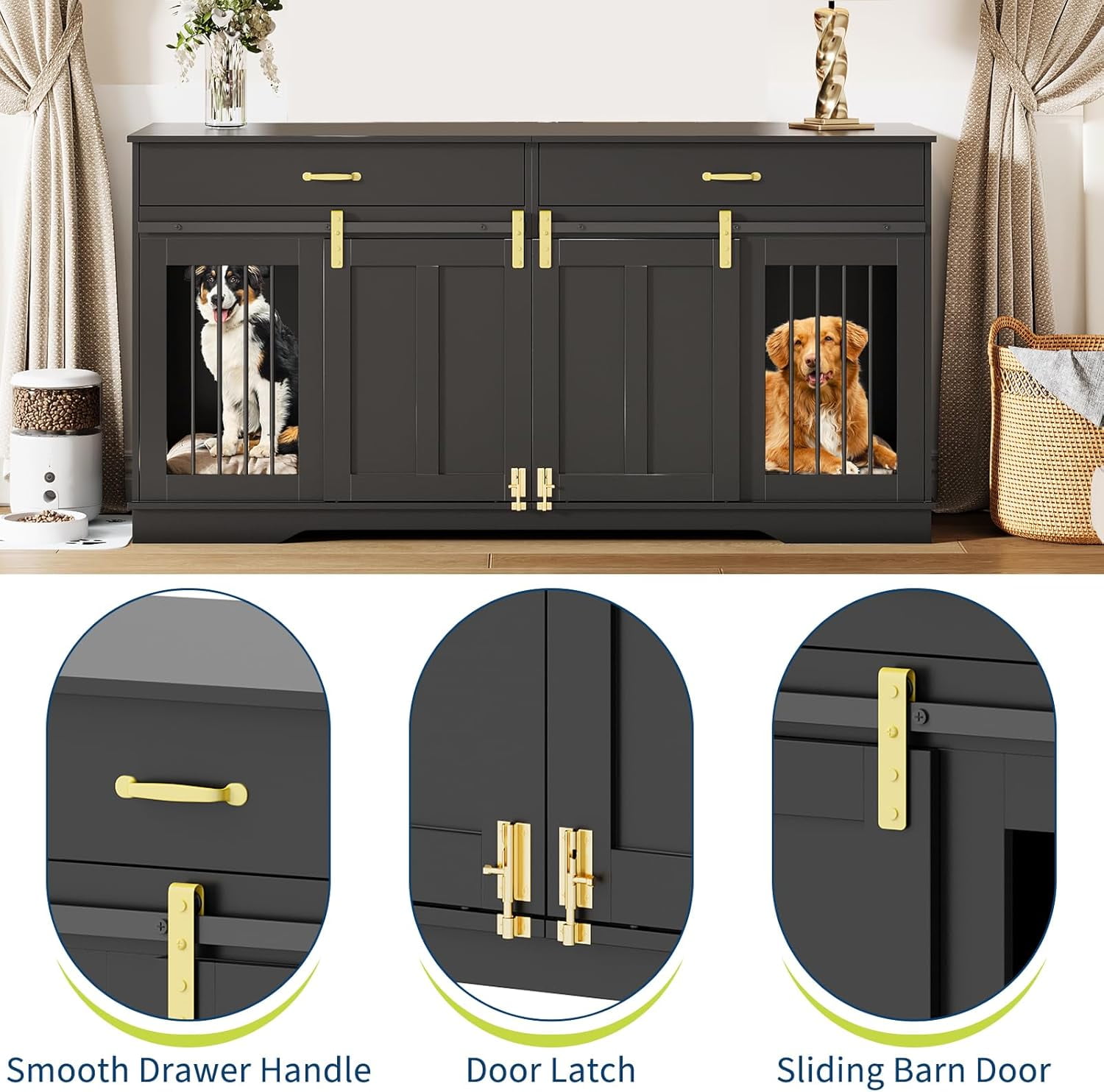 Litake 71" Extra Large Dog Crate TV Stand for 2 Large Dogs - Wooden Double Kennel Furniture with 2 Lockable Doors & 2 Drawers, Indoor Pet Crate for Living Room Home Decor, Black