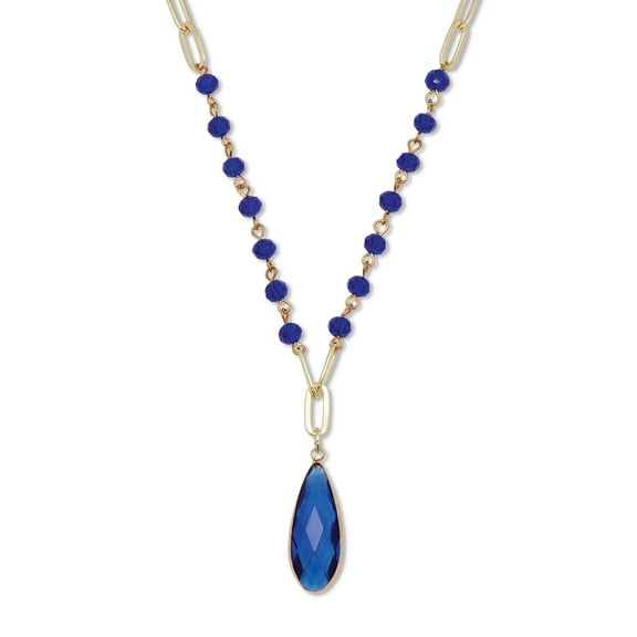 Blue Crystal Pendant Goldtone Drop Necklace 18-inch plus 2.5-inch extension