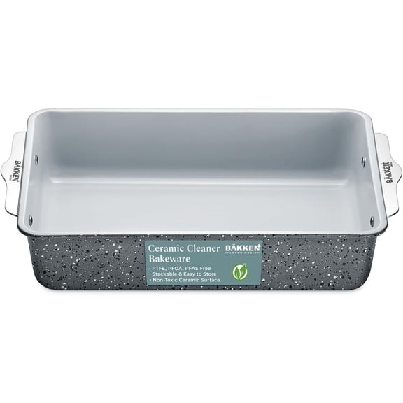 BAKKEN Premium Nonstick Ceramic Rectangle Pan, 8" x 15.5", Aluminized Steel, Non-Toxic, Ideal for Lasagnas, Brownies, and More, Marble