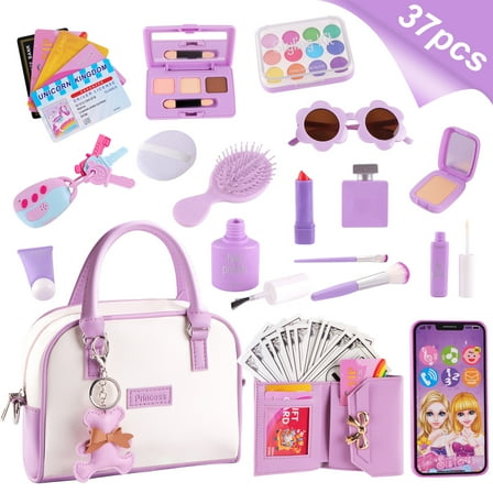 Rirool Kids Play Purse for Little Girls, 37 Pcs Toddler Purse Set with Pretend Makeup, Handbag, Phone, Wallet, Princess Toys Birthday Gift for Girls Age 3-6