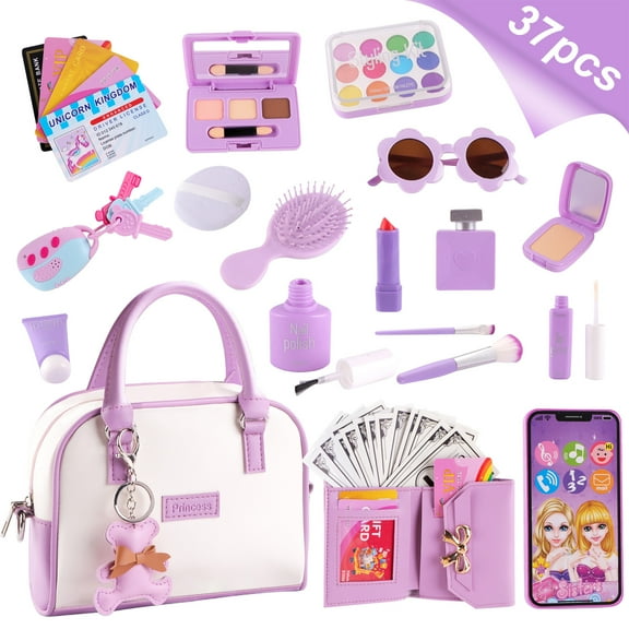 Rirool Kids Play Purse for Little Girls, 37 Pcs Toddler Purse Set with Pretend Makeup, Handbag, Phone, Wallet, Princess Toys Birthday Gift for Girls Age 3-6