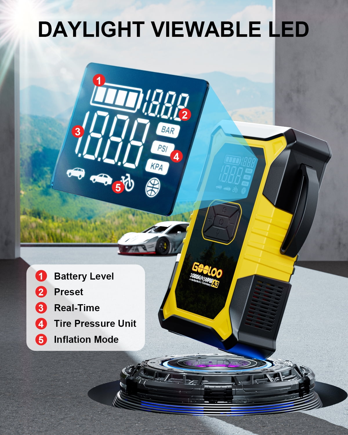GOOLOO A3 Car Jump Starter with Air Compressor, 3000A 150PSI Portable Car Battery Jump Starter(9.0L Gas/6.5L Diesel) with Digital Tire Inflator, 12V Jump Box Car Booster with LED Light