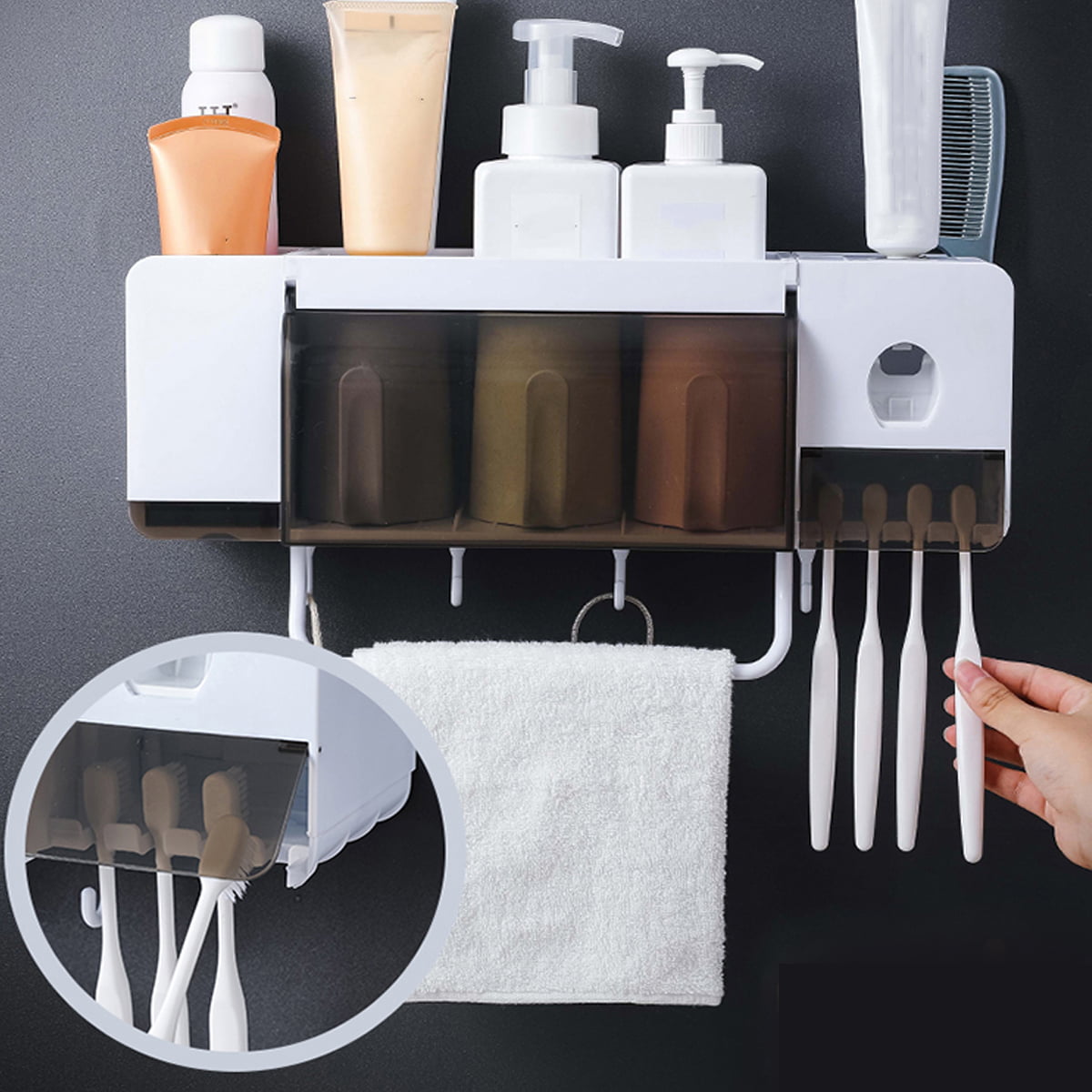 Free Drilling Toothbrush Holder Automatic Toothpaste Dispenser Set Towel Rack 