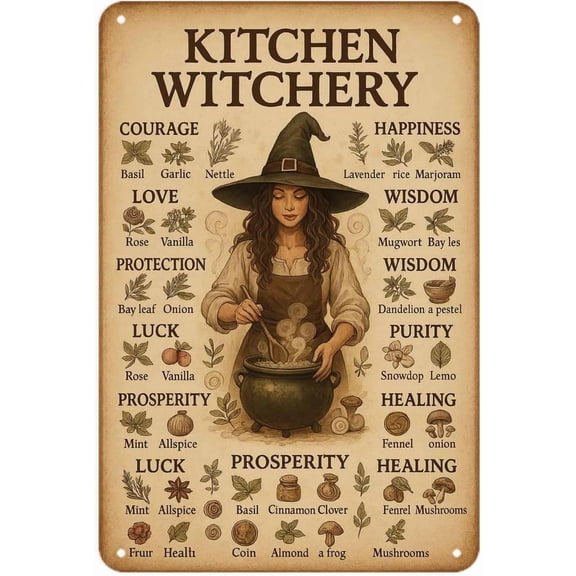 Kitchen Witchery Vintage Metal Wall Sign Herbs Spells Guide for Home Decor 8 x 12 Inches Aluminum Poster with Witch Cauldron Illustration for Kitchen Witch Apothecary Living Room Bedroom Office