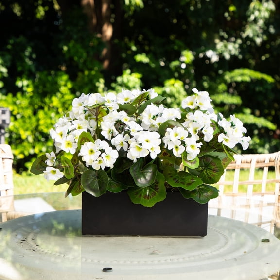 Nearly Natural UV Resistant Outdoor Artificial Geranium with Rectangular Planter - 13" - White