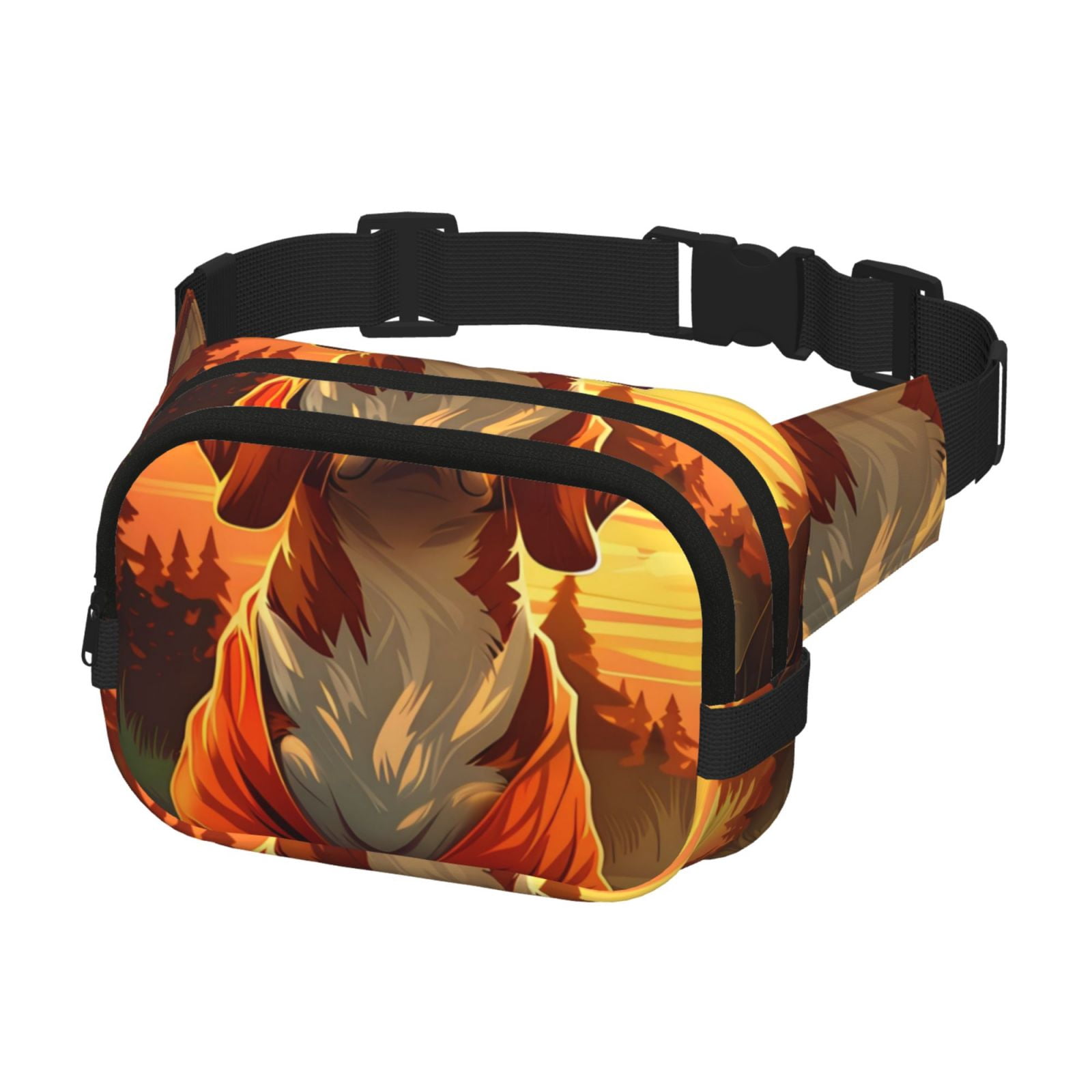 Picia Sunset Meditating Dog Print Square Double-Layer Waist Bag Mini Adjustable Waist Belt Bag Exercise Running Travel Hiking