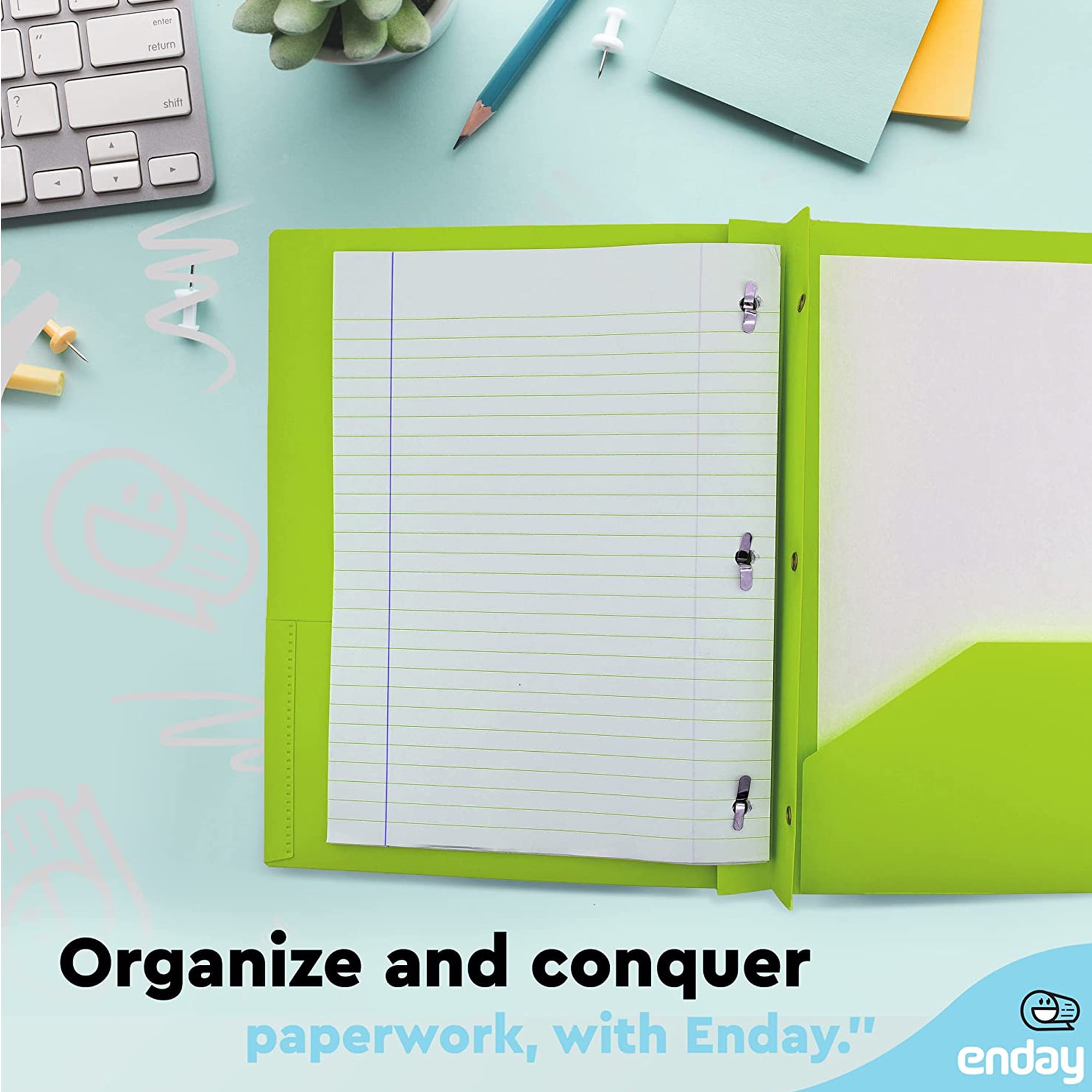 Enday Folder with Pockets and Prongs 2 Pocket Portfolio Folder for School and Office Green