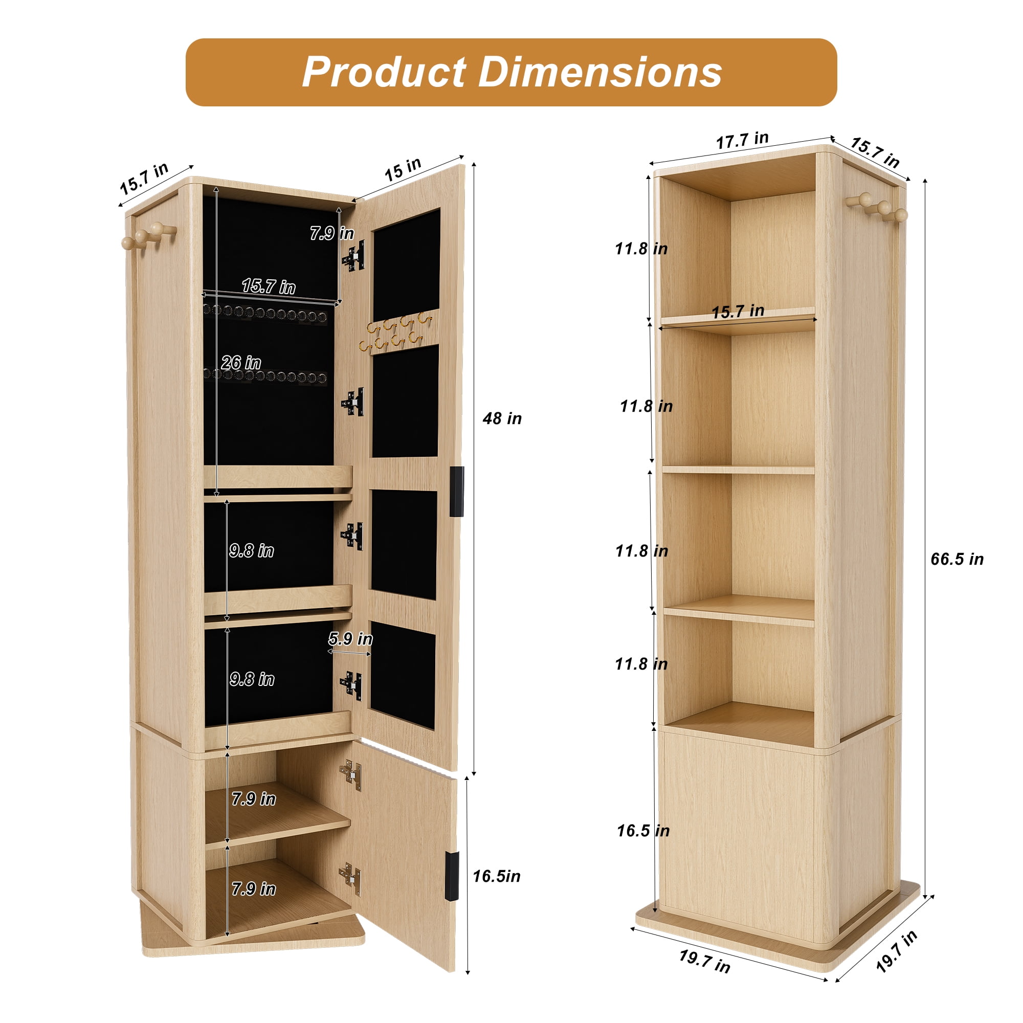 Yoneston 360° Rotating Makeup Cabinet with Full-Length Mirror, 4-in-1 Jewelry Cabinet with 4 Tier Open Shelves & Coat Rack, Standing Storage Cabinet with 2 Doors for Bedroom, Walnut
