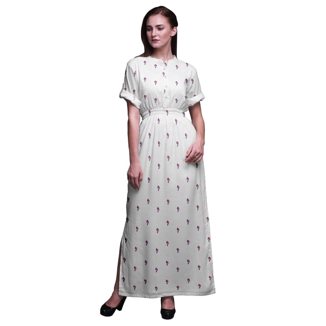Bimba Rayon Leaves Block Printed Womens Long MaxiDressGown With Side Slit-XSmall