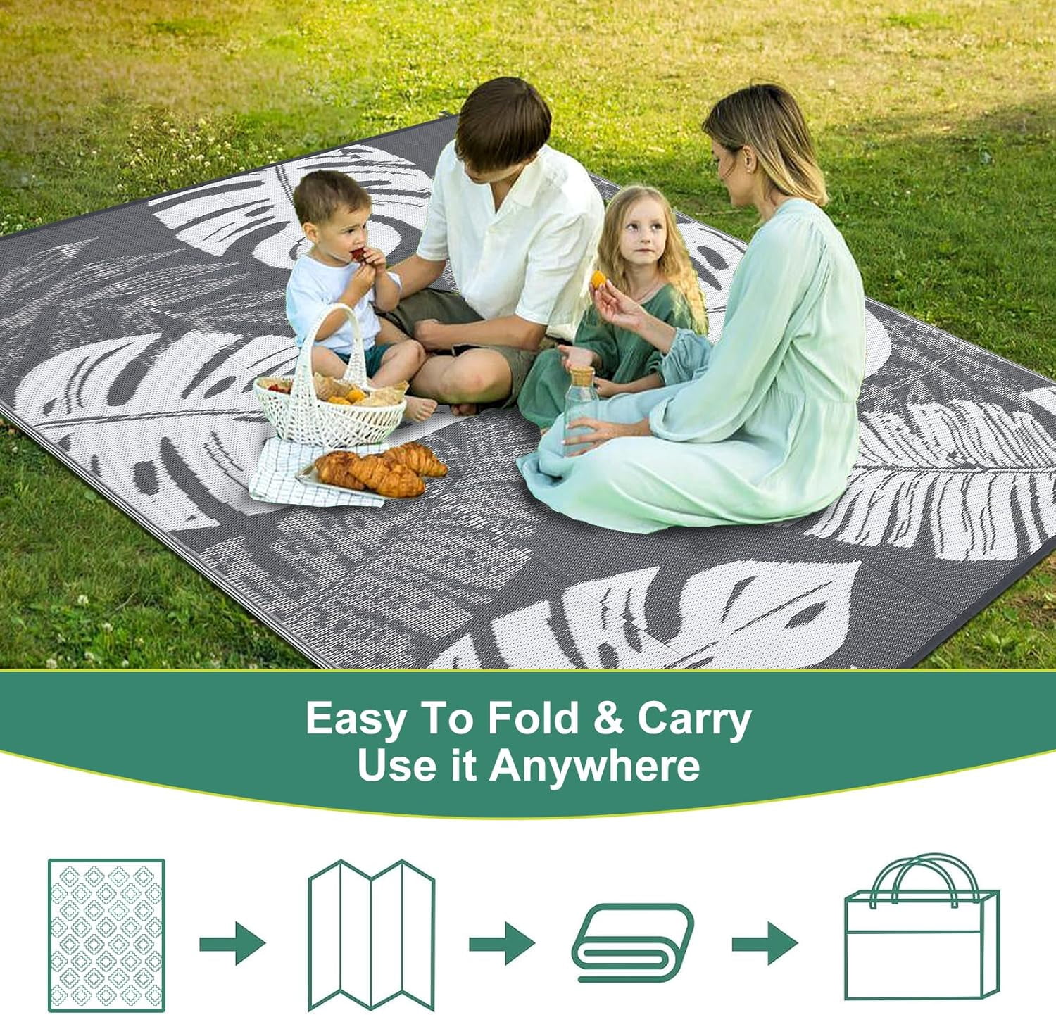 Funslane Outdoor Rug 10' x 14', Waterproof Plastic Straw Mat, Foldable & Reversible, Indoor Outdoor Rugs for Patio, Deck, RV, Beach, Picnic, Gray/White