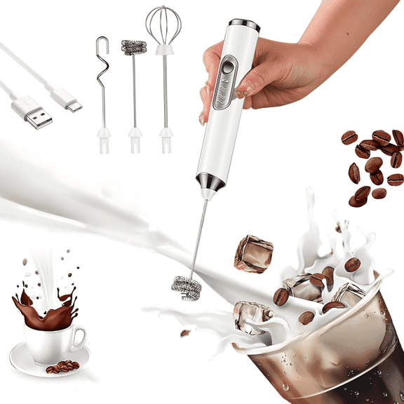 Rechargeable Milk Frother,Milk Frother Handheld with 3 Heads 3 Speeds,Coffee Mixer,Electric Milk Bubbler,Detachable Stainless Steel Whisk for Latte,Cappuccino,Matcha,Egg - Black/White