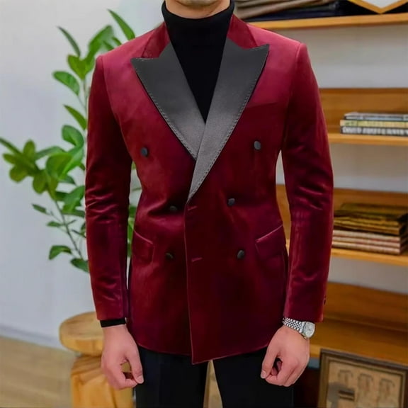 uublik Men's Performance Velvet Blazer Double Breasted Lightweight Sport Coats Suit Jacket Wine
