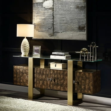 Acme Mabyn Console Cabinet, Brass & Antique Brown Finish